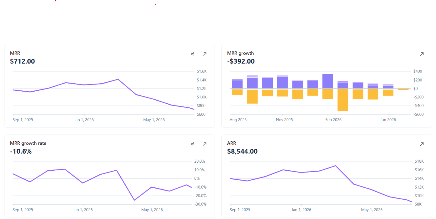 Anonymous spreadsheet showing month, revenue, expenses, profit, customers, cancellations, and MRR